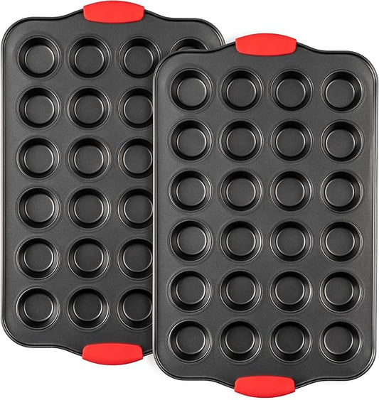 Tiawudi Mini Muffin Pan, 24 Cavity Cupcake Pan, Nonstick Baking Pan, Heavy Duty Small Muffin Tin with Silicone Grip Handles, Set of 2