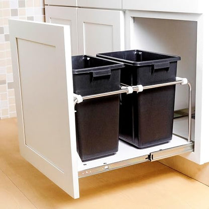 Pull Out Trash Can Rack Under Cabinet Adjustable 1-3 Bin Holder with Heavy-Duty Soft-Close Slides, Sturdy Wooden Base Support, Door Mounting for Kitchen, Living Room (Small)