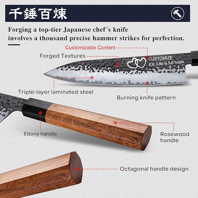 FAMCÜTE Customize Japanese Knife, Hand Forged 8 inch Chef Knife - High Carbon Steel 5 Layers 9CR18MOV Japanese Chefs Knife - Wood Handle Customizable Patterns and Copywriting Kitchen Knife for Gift