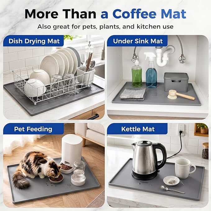 Golener Silicone Coffee Mat - 24" x 16" Coffee Bar Mat for Countertop with Raised Edges, Kitchen Station Pad, Accessories Fit Under Coffee Machine, Waterproof Dish Drying Mat, Heat Resistant, Gray
