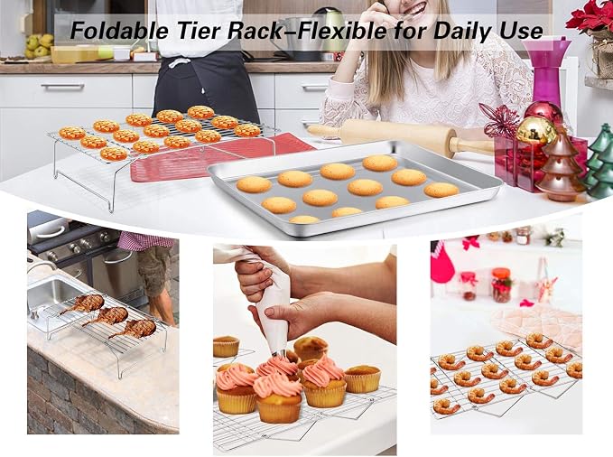 TeamFar Baking Sheet with Rack Set(1 Pan & 1 Tier Rack), Cookie Sheet Baking Pan & Cooling Baking Roasting Stackable Rack Stainless Steel for Cookie Bacon Meat, Oven & Dishwasher Safe, Healthy