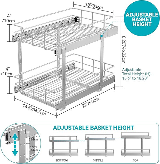 2 Tier Pull Out Cabinet Organizer 14" W X 22" D, Slide Out Drawers For Kitchen Cabinets, Pull Out Drawers For Cabinets Capacity Heavy Duty Caddy, Cabinet Pullout Shelves Chrome-Plated,Bathroom Pantry