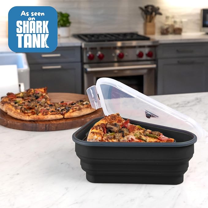 PIZZA PACK The Perfect Reusable Pizza Storage Container with 5 Microwavable Serving Trays - BPA-Free Adjustable Pizza Slice Container to Organize & Save Space, 3 Pack, Black