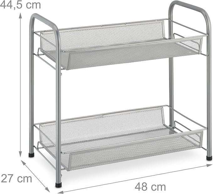 Relaxdays Spice Rack, 2 Levels, Table Kitchen & Bathroom, Make-Up, Perfume, Metal Shelf, 44.5x48x27cm, Silver, Steel, 44.5 x 48 x 27 cm