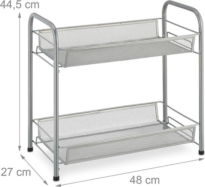 Relaxdays Spice Rack, 2 Levels, Table Kitchen & Bathroom, Make-Up, Perfume, Metal Shelf, 44.5x48x27cm, Silver, Steel, 44.5 x 48 x 27 cm
