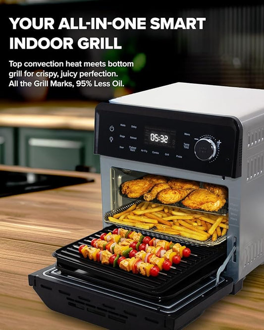 Nuwave 2026 Air Fryer Oven & Grill Comb, Plug-in Powered Grill Plate for True Char Flavor & Marks, 2-Layer Glass Door, Cooler Exterior, 150 Presets, Temp Probe, 500°F, Stainless Steel, 700/1500/1800W