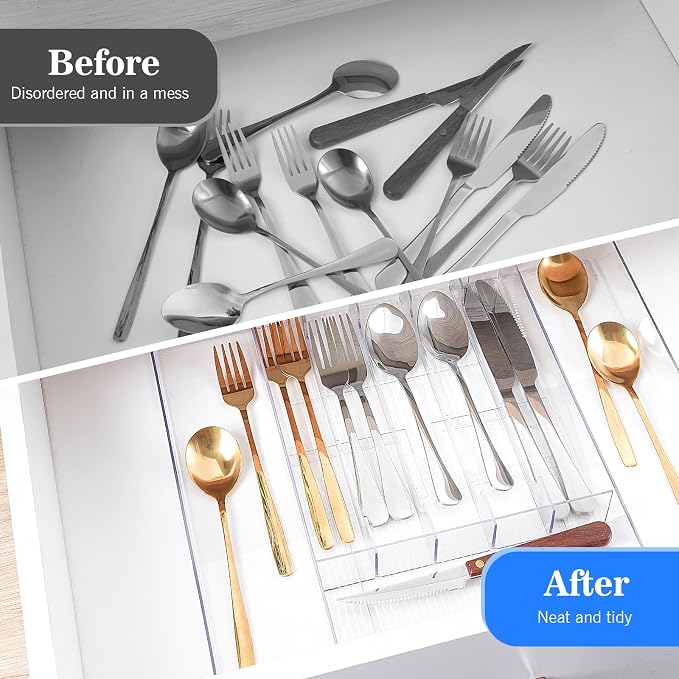 HOMEE Expandable Kitchen Drawer Organizer for Flatware & Utensils, Acrylic Cutlery Organizer, Desk Drawer Organizer