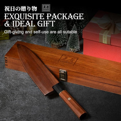 ENOKING Japanese Santoku Knife, 7 Inch Chef Knife 5 Layer 9CR18MOV Clad Steel for Meat Cutting, Super Sharp Kitchen Cooking Knife with Ebony Bolster African Rosewood Handle -Wooden Box