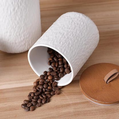 JOJUNO White Ceramic Canister Set with Wooden Lid, 3-Piece Airtight Food Storage Jars for Kitchen Counter - Flour, Sugar, Coffee, Tea, Spice - Small, Medium, Large Sizes - Stone Texture