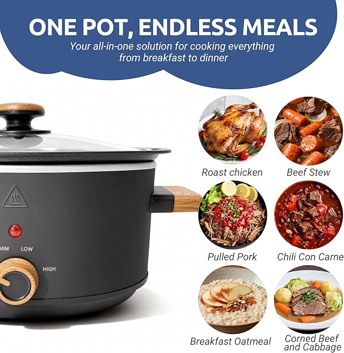 3 Quart Slow Cooker with Aluminum Inner Pot, 3 Temperature Settings, Dishwasher-Safe Removable Pot & Glass Lid, Wood-Grain Handle Design, Compact Electric Cooker for Home Meals, Black