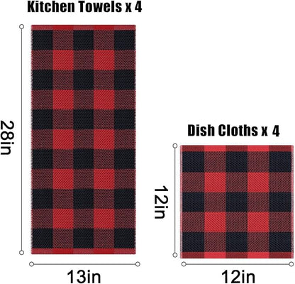 Homaxy Kitchen Towels and Dishcloths Set, 12 x 12 and 13 x 28 Inches, Set of 10 100% Cotton Waffle Weave Check Plaid Kitchen Dish Towels, Super Soft and Absorbent Dish Cloths, Black & Red
