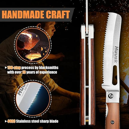 HUUSK Folding Bread Knife for Homemade Bread, Portable Bread Knives with Wide Wavy Edge for Steak, Tomato, Japanese Pocket Knife with 440C Stainless Steel for Cooking, Christmas Gift for Men and Women