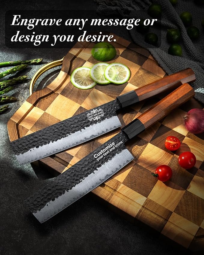 FAMCÜTE Custom Engraved 7'' Nakiri Knife, Hand Forged 5-Layer 9CR18MOV Steel Japanese Chef Knife with Rosewood Handle, Personalized Birthday Gifts for Men/Dad (Luxury Sandalwood Box)