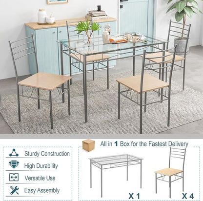 Giantex 5 Piece Dining Table Set, Kitchen Dining Set with Tempered Glass Table Top and 4 Chairs, Dinette Set for 4 for Breakfast Nook Dining Room Kitchen (Transparent)
