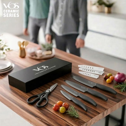 Vos ceramic knives set for kitchen in gift box, 5 ceramic knife with cover with scissors, 3" 4" 5" 6" ultra sharp knives for home cooks, lightweight, rust-free, dishwasher safe (Black handle)