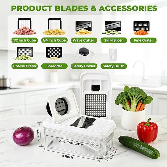 SUSTEAS Kitchen Vegetable Chopper and Mandolin Slicer, Vegetable Cutter with Pull-Out Container, Multifunctional Chopper for Onion, Potato, Food and Fruit, Essentials Kitchen Gadgets (7-in-1, White)