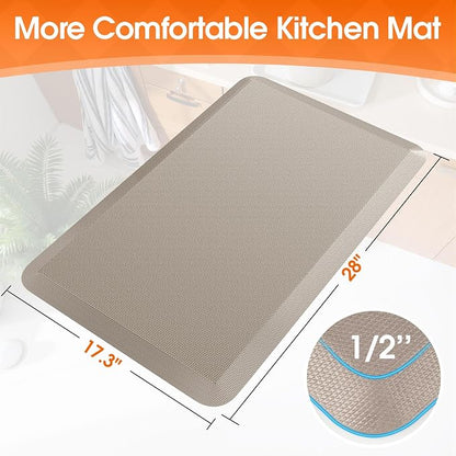TranquilRelax Kitchen Mat, Cushioned Thick Floor Comfort Mat, with Non-Slip Bottom, Waterproof & Stain Resistant & Easy Clean, Standing Desk Mat for Kitchen, Sink, Office (17.3''x28'', Khaki)