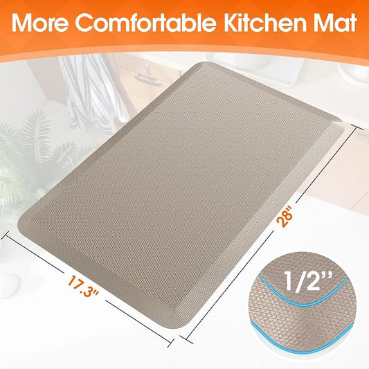 TranquilRelax Kitchen Mat, Cushioned Thick Floor Comfort Mat, with Non-Slip Bottom, Waterproof & Stain Resistant & Easy Clean, Standing Desk Mat for Kitchen, Sink, Office (17.3''x28'', Khaki)