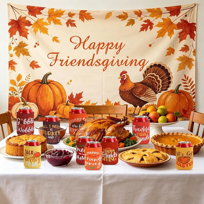 18 Pcs Friendsgiving Can Cooler Sleeves Fall Feast Beverage Covers for Thanksgiving Party Favors Beer Can Sleeves for Friendsgiving Gifts Decorations