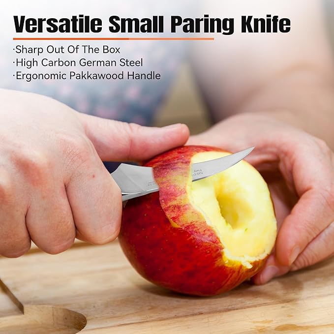 TUO Bird Beak Paring Knife, 2.5 inch Handy Peeling Knife, Curved Small Blade for Fruit & Vegetable, German Stainless Steel, Ergonomic Pakkawood Handle - Fiery Series