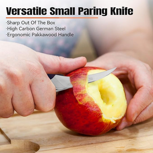 TUO Bird Beak Paring Knife, 2.5 inch Handy Peeling Knife, Curved Small Blade for Fruit & Vegetable, German Stainless Steel, Ergonomic Pakkawood Handle - Fiery Series
