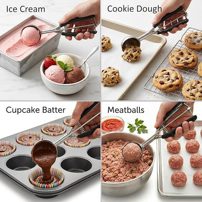 Ice Cream Scoop, 18/8 Stainless Steel Cookie Scoop, Cookie Scoops for Baking, 4Tbsp/ 60ml/ 2oz Cookie Dough Scoop, Ice Cream Scooper with Trigger Release, Cupcake Scoop (Black)