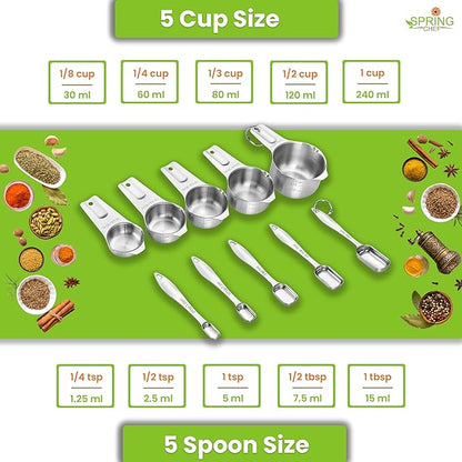 Spring Chef Stainless Steel Measuring Cups and Spoons Set of 10, Nesting Kitchen Metal Measuring Cups and Spoons Set for Dry and Liquid Ingredients, Perfect for Cooking & Baking
