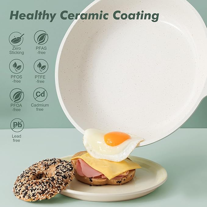 SENSARTE Nonstick Ceramic Frying Pan with Lid 9.5 Inch Omelet Pan Skillet, Free of Intentionally Added PFAS/PTFE Non-toxic Chef's Pan Induction Compatible Pan, Heat Resistant Handle, Mint Green