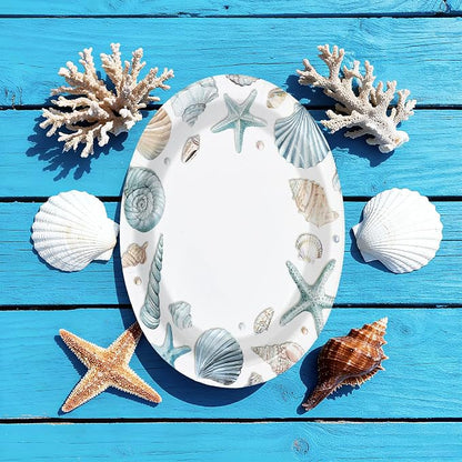 50Pcs Coastal Beach Oval Paper Plates 10" x 12" Large Disposable Heavy Duty Ocean Seashell Starfish Dessert Platters for Under the Sea Summer Hawaiian Picnic BBQ Holiday Birthday Party Decorations