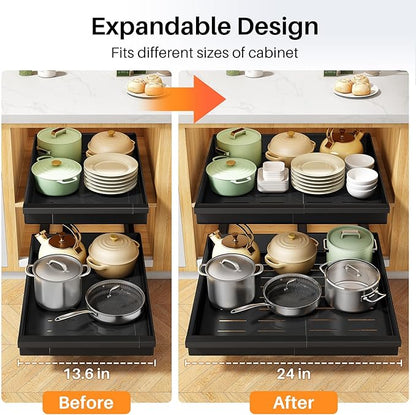 Pull out Cabinet Organizer, 4-Pack Expandable(13.6"-24") Silde out Drawers with Raising Pad for Framed Cabinets, Adjustable Full-Extension Roll out Shelves for Kitchen Pantry Home Pot and Pan(Black)