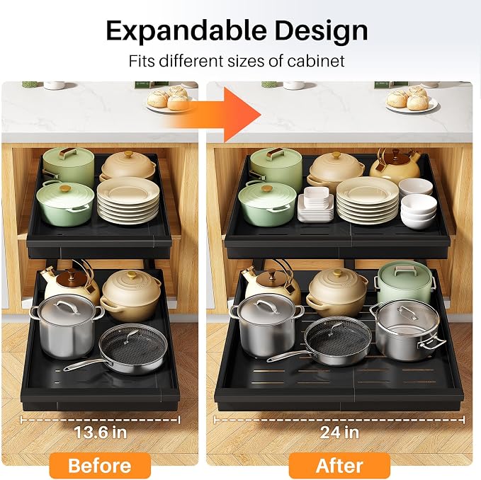 Pull out Cabinet Organizer, 1-Pack Expandable(13.6"-24") Silde out Drawers with Raising Pad for Framed Cabinets, Adjustable Full-Extension Adhesive Roll out Shelves for Kitchen Pantry Home Pot and Pan
