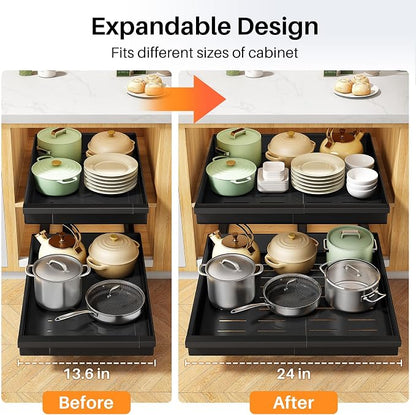 Pull out Cabinet Organizer, 1-Pack Expandable(13.6"-24") Silde out Drawers with Raising Pad for Framed Cabinets, Adjustable Full-Extension Adhesive Roll out Shelves for Kitchen Pantry Home Pot and Pan