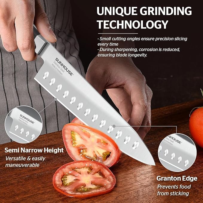 Sunhouse PREMIUM Chef Knife 7.9 inch, AUS-8 Stainless Steel – Superior 62HRC Hardness, Razor Sharp Blade, Full Tang, Ergonomic Handle, Perfect Gifts for Mom or Dad,Premium Gifts Box