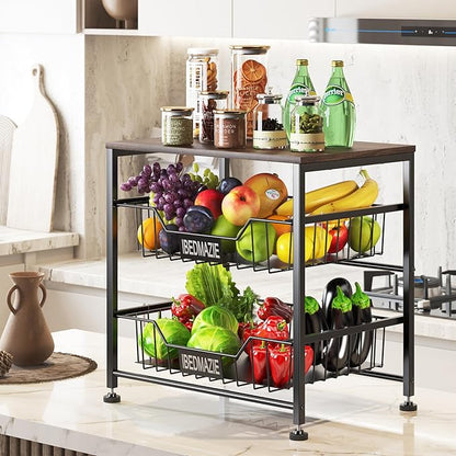 Metal Storage Organizer with Drawers,Fruit Basket for Kitchen,3 Tier Organizer Used for Wardrobe,Office,Storage,Bathroom,Bedroom,Adjustable Feet,Easy Assembly (Black)