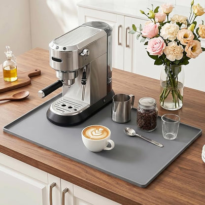 Golener Silicone Coffee Mat - 24" x 16" Coffee Bar Mat for Countertop with Raised Edges, Kitchen Station Pad, Accessories Fit Under Coffee Machine, Waterproof Dish Drying Mat, Heat Resistant, Gray