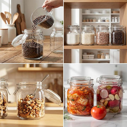 Kingrol 34 oz / 1000 ml Glass Storage Jars (Set of 4), Airtight Clamp Lid Canisters with Wide Mouth for Pantry Organization, Pickling, Fermentation & Dry Food Storage