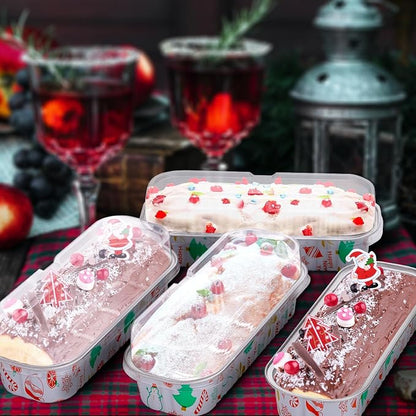 50Pack Christmas Mini Cake Pans Disposable Mini Loaf Pans with Lids and Spoons, 6.8Oz Aluminum Foil Pans Tins, Individual Dessert Cups Containers for Sales,Party,Picnics