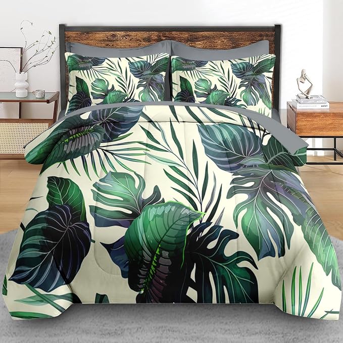 Pamnest Comforter Set Twin Size, Tropical Plants Leaves 5 Pcs Bedding for Kids and Adults, Palm Leaf Flower Hawaiian Bed Sheet Sets with Fitted Sheet Pillowcase & Sham for Bedroom Bed Decor