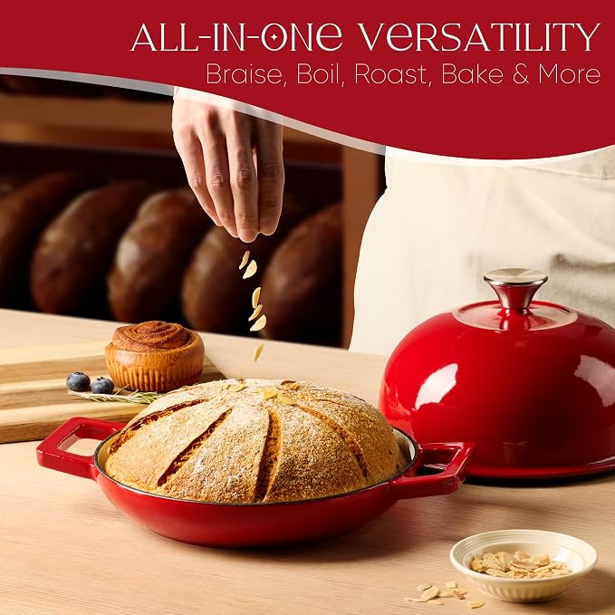 CAROTE Enameled Cast Iron Bread Dutch Oven, Round Bread Oven Pot with Dome Lid for Homemade Sourdough Bread Baking, Healthy & Non-Toxic, Dual Handles, All Stovetop Compatible, Oven Safe up to 500° F, 5 Quarts, 9 Inches, Red