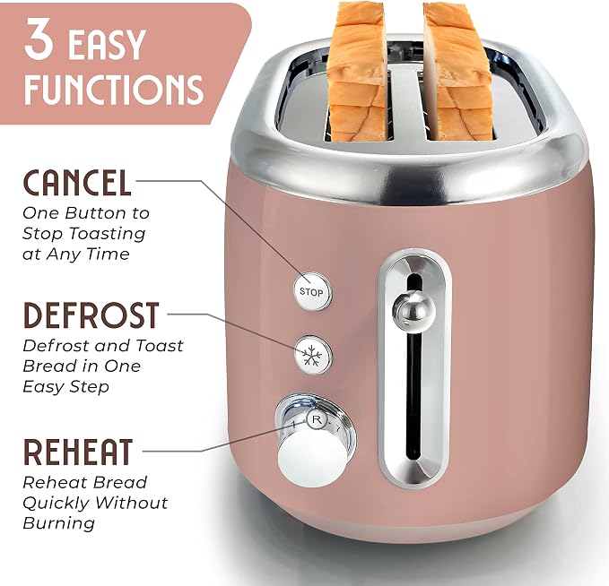 MUELLER HOME Retro Toaster 2 Slice, 7 Browning Levels, 3 Functions (Reheat, Defrost, Cancel), Stainless Steel Features, Removable Crumb Tray, Under Base Cord Storage, Pink Kitchen Accessories Décor