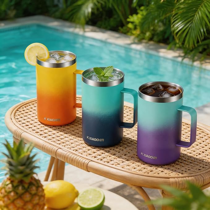 KXIAOCHEN 20oz Insulated Coffee Mug with Lid, Stainless Steel Coffee Cup, Double Wall Vacuum Coffee Tumbler with Handle, Premium Thermal Travel Coffee Mug (Green+navy)
