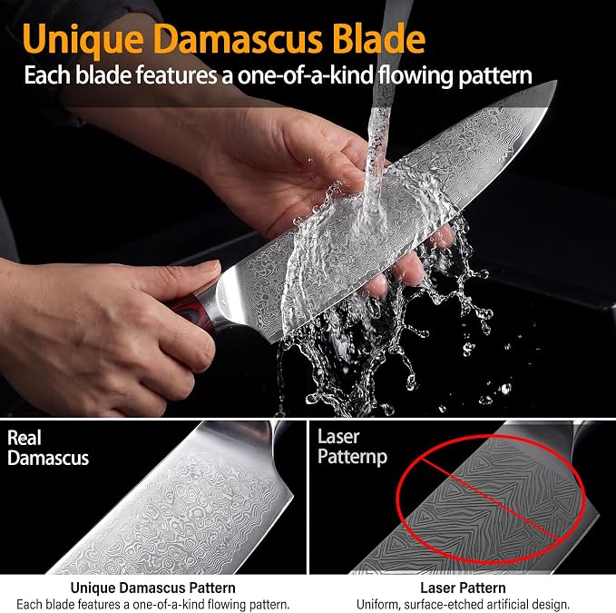 Azhou 8 Inch Damascus Chef Knife, 10Cr15CoMoV High Carbon Stainless Steel Core, Professional Kitchen Knife with Ergonomic Wood Handle, Gift Box for Men Women