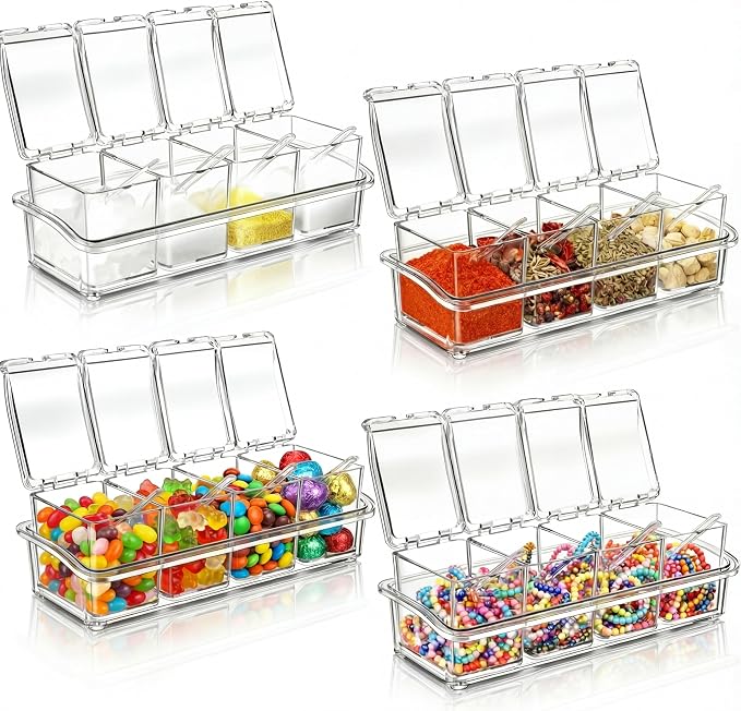 Bokon 4 Set Acrylic Seasoning Box with Spoons, 16 Compartments Clear Spice Organizer, Kitchen Condiment Containers with Lids for Salt, Sugar, Candy