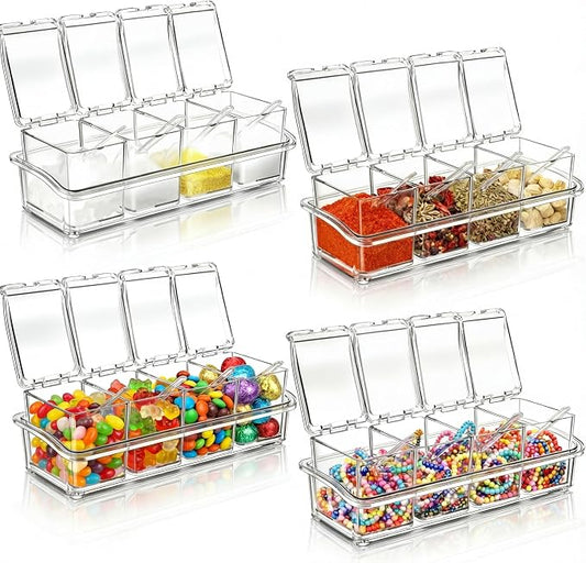 Bokon 4 Set Acrylic Seasoning Box with Spoons, 16 Compartments Clear Spice Organizer, Kitchen Condiment Containers with Lids for Salt, Sugar, Candy
