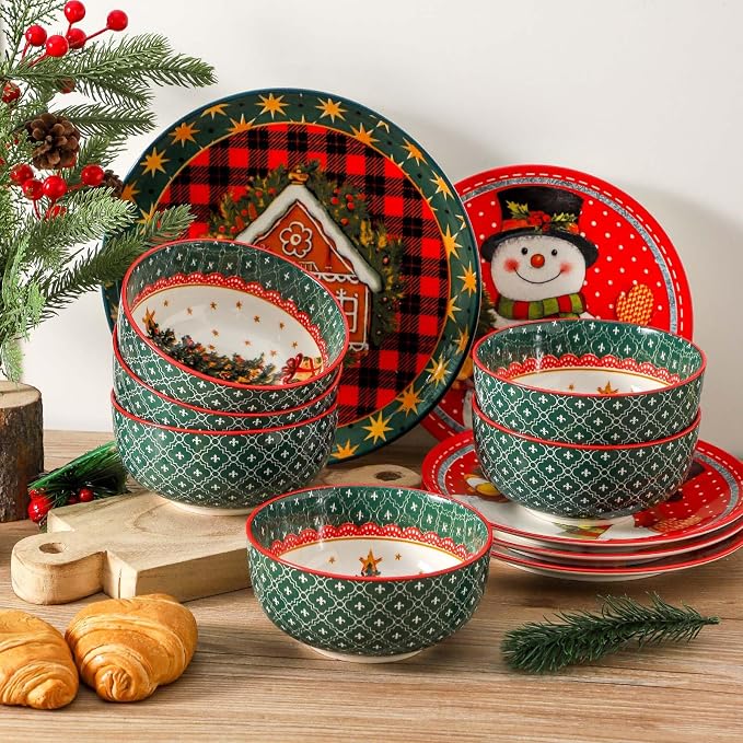 glowworm Cereal Bowls, 26 Oz Soup Bowls Set of 6, Deep Bowls Set for Rice, Oatmeal, Dessert, Dishwasher & Microwave Safe, Green Tree