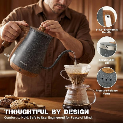 Electric Tea Kettle, Electric Kettle Stainless Steel, 1000W Tea Kettle Electric Auto Shut Off, 0.8L, Wood-like Grain Finish Handle, Ice Crackle