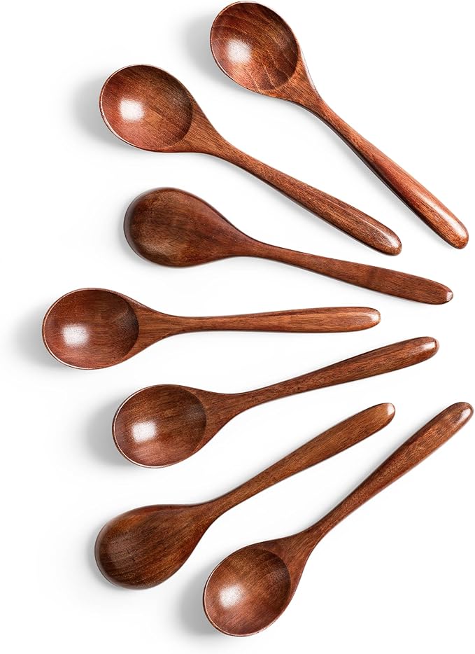 7 PCS Wooden Spoons for Honey, 6.7 inch Small Wooden Spoons - Terrific for Tea, Coffee & Soup, Little Wood Serving Table Spoon Set, Bulk Bamboo Teaspoon for Eating with Unique Design