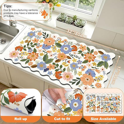 LOKHOM Scalloped Floral Dish Drying Mat, 17"x32" Super Absorbent Coffee Mat with Unique Spring Wildflowers, Cuttable Hide Stain Non-slip Drying Mat for Kitchen Counter Coffee Maker Espresso Machine