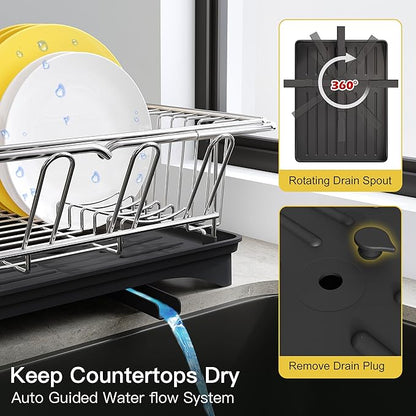 JASIWAY Sink Dish Drying Rack with Drainboard, Expandable Stainless Steel Dish Drainers for Kitchen Counter, Space Saving Dish Dryer Rack, Over The Sink Dish Racks with Utensil Holder, Silver