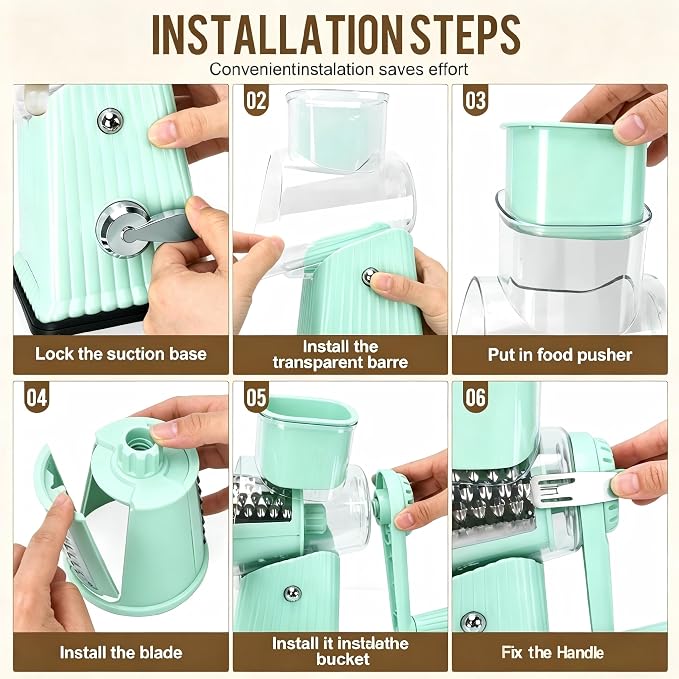 Rotary Cheese Grater with 5 Well-designed Blades & Strong Suction Base, Kitchen Mandoline Vegetable Slicer with Blade Storage Box (Aqua)